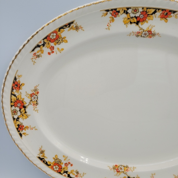 Vintage Johnson Bros. Old English Oval Serving Platter Navy Gold Orange Floral - Picture 2 of 12